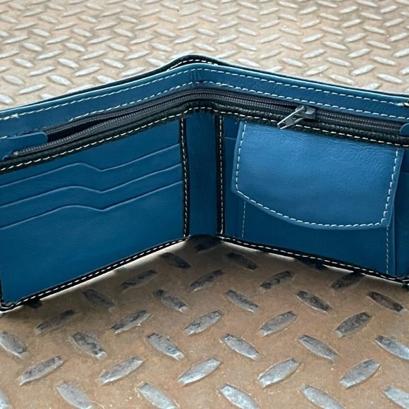 Men Wallet Blue/Black Genuine Leather Bifold Handmade Card Holder Billfold Han - Picture 2 of 9